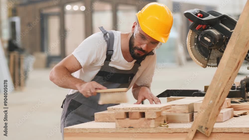 Man is cutting the wood. Industrial worker in the warehouse. Man is cutting the wood. Industrial worker in the warehouse.