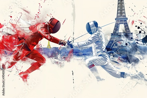 A dynamic illustration of two fencers fencing in front of the Eiffel Tower, with a red and blue color palette. A detailed ink sketch with splashes of paint in the style of Robby. white Background photo