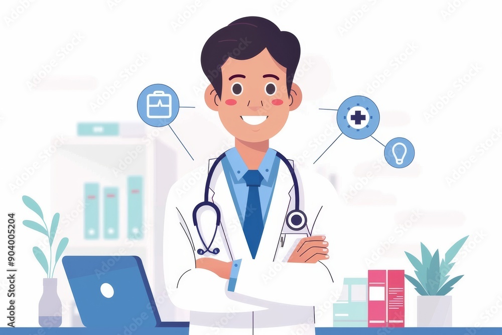 Smiling male doctor with stethoscope and medical icons representing healthcare services and professional medical care. Smiling male doctor with stethoscope and medical icons representing healthcare services and professional medical care.