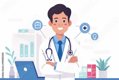 Smiling male doctor with stethoscope and medical icons representing healthcare services and professional medical care.