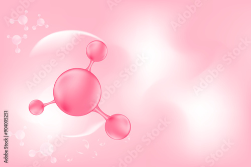 Nude pink 3D beauty background with molecule of hyaluronic acid or collagen ball, vector bio abstract scientific icon. Great for cosmetology advertisement. Beauty science skin care molecular concept