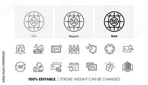 Wedding glasses, Enterprise and Equity line icons. Pack of Photo album, Gas price, Waterproof icon. Gift, Inclusion, Money pictogram. 5g internet, Notification calendar, Add photo. Line icons. Vector