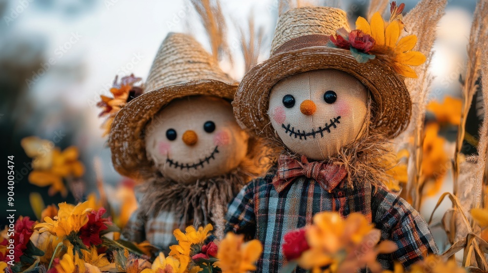 Charming scarecrows in a sunflower field, celebrating autumn with bright colors and joyful expressions, perfect for seasonal decoration. Charming scarecrows in a sunflower field, celebrating autumn with bright colors and joyful expressions, perfect for seasonal decoration.
