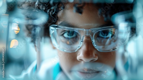 A scientist wearing safety glasses is focused on examining samples amidst various laboratory equipment, showcasing dedication and technological advancements in modern science. photo