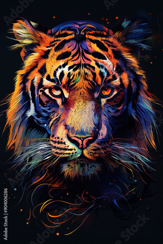 A colorful tiger head on a black background