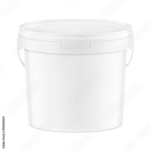 White plastic bucket for paints, horeca food, glue. Realistic vector illustration isolated on white background. Ready for your design. EPS10.