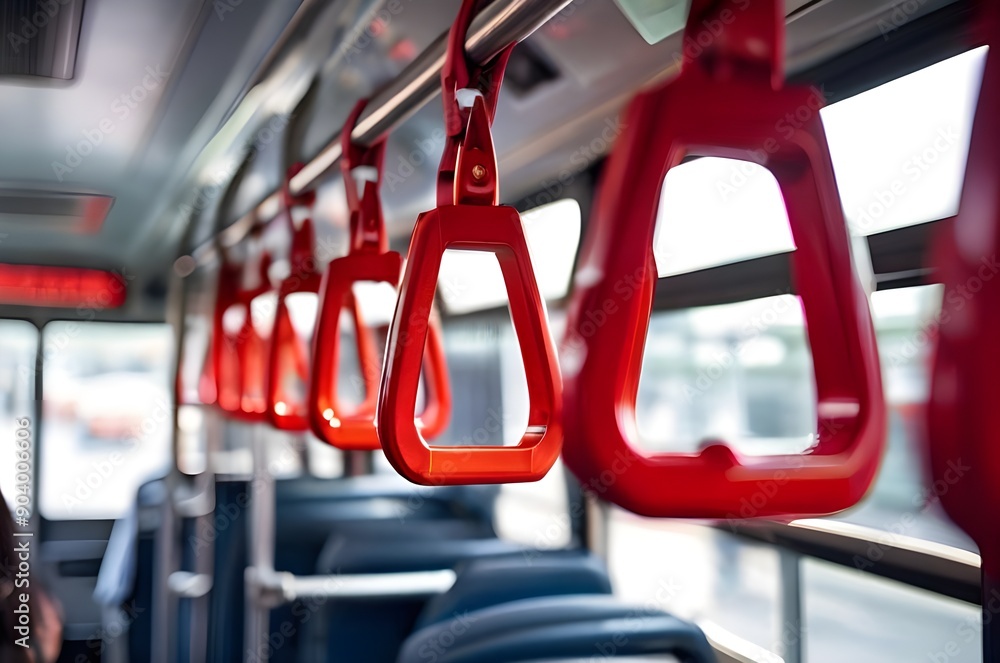 Horizontal photo of red bus handles on blurry background Horizontal photo of red bus handles on blurry background
