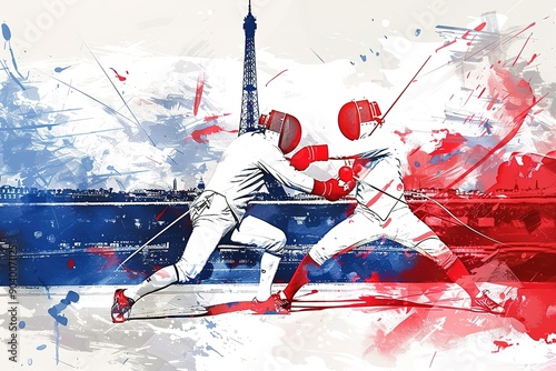 A dynamic illustration of two fencers fencing in front of the Eiffel Tower, with a red and blue color palette. A detailed ink sketch with splashes of paint in the style of Robby. white Background photo