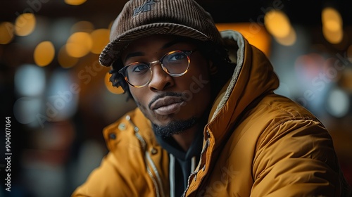 A man wearing a hat and glasses sitting at a table © VISUAL BACKGROUND