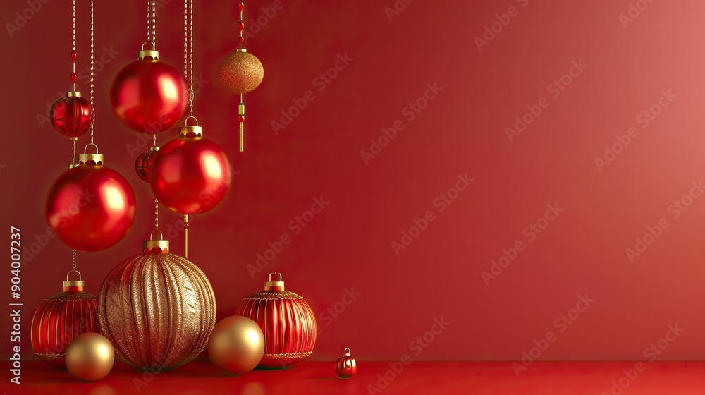 Festive background Happy New Year in Asian style. Happy Chinese New Year banner background template. Decoration with traditional festival lanterns on a red background. Festive background Happy New Year in Asian style. Happy Chinese New Year banner background template. Decoration with traditional festival lanterns on a red background.