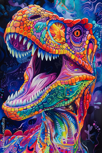 A colorful painting of a t-rex with its mouth open and teeth wide open
