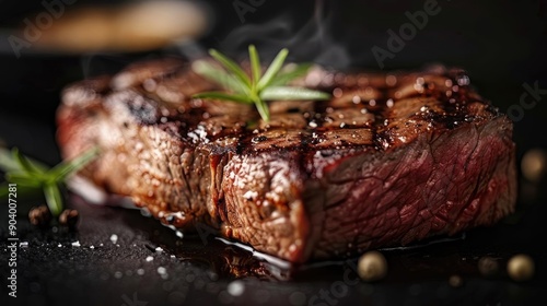 A delicious, perfectly grilled steak garnished with rosemary, seared to perfection on a dark background with peppercorns and salt. © PBMasterDesign