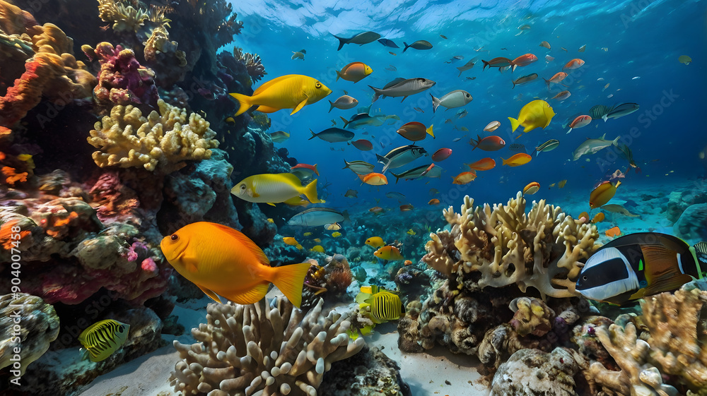 Naklejka premium A colorful reef with many fish swimming around