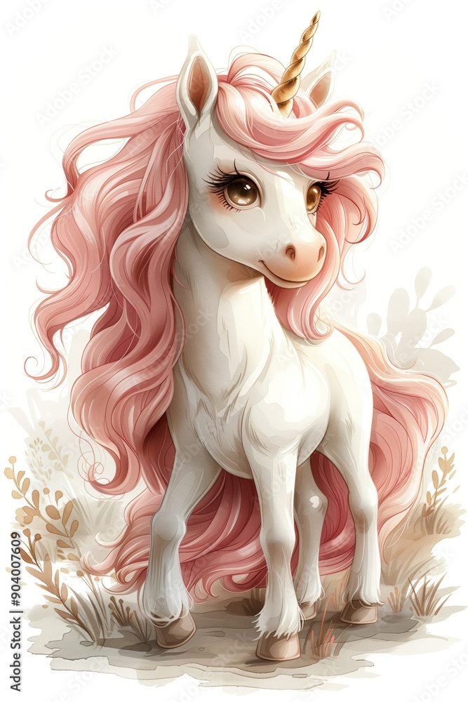 Beautiful white unicorn with flowing pink mane and golden horn, standing gracefully. Concept of fantasy and enchantment. Beautiful white unicorn with flowing pink mane and golden horn, standing gracefully. Concept of fantasy and enchantment.