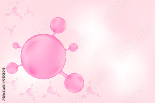 Nude pink 3D beauty background with molecule of hyaluronic acid or collagen ball, vector bio abstract scientific icon. Great for cosmetology advertisement. Beauty science skin care molecular concept