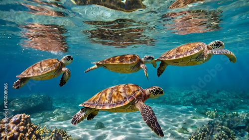 A group of turtles swimming in the ocean