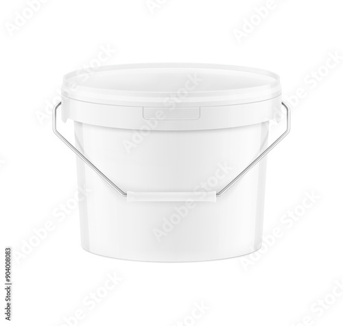 White plastic bucket for paints, horeca food, glue. Realistic vector illustration isolated on white background. Ready for your design. EPS10.	