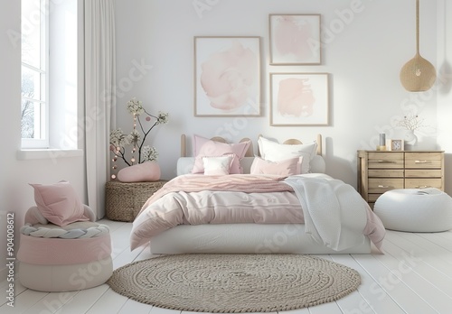 Charming White and Pink Girls' Bedroom with Cute Art Frames on Walls, Minimalist Decor with Light Colors, Soft Pastel Tones, Pale Grey Bed, Wooden Chest of Drawers, Round Carpet, Vintage Sofa.