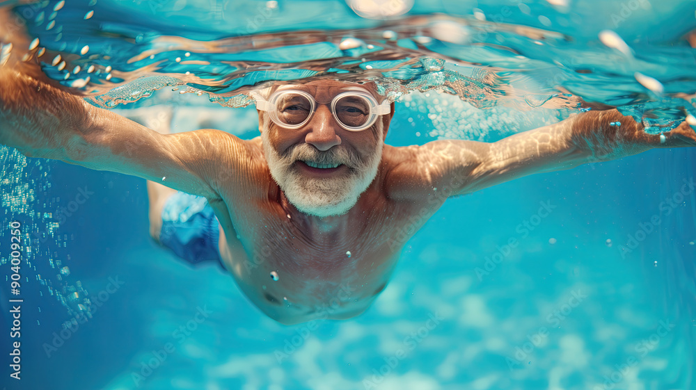Fototapeta premium Happy older man swimming with copy space