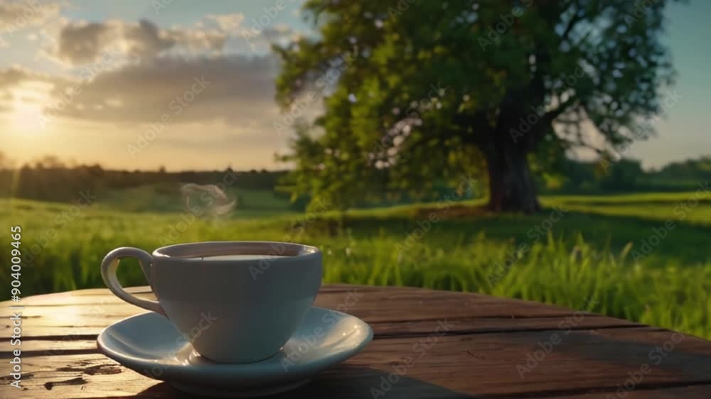 Cup of Coffee on Wooden Table with Sunset and Tree in Background Cup of Coffee on Wooden Table with Sunset and Tree in Background