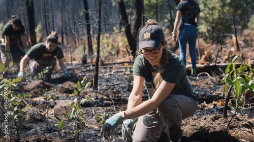 Volunteers in action, planting trees for reforestation and post-fire recovery, showing community support and resilience. Hands-on effort for forest restoration.Teamwork in replanting saplings.