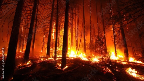 Wildfire in a burning forest, with thick smoke and flames causing environmental devastation. Intense firestorm ravaging trees, illustrating the catastrophic impact on nature and climate  photo