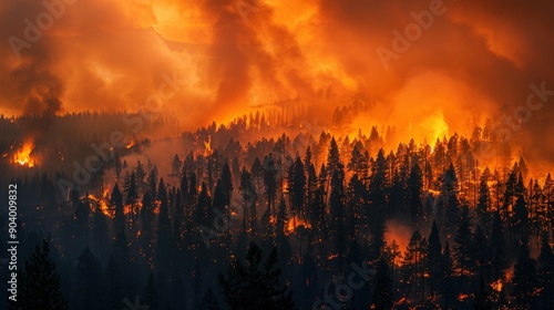 Wildfire in a burning forest, with thick smoke and flames causing environmental devastation. Intense firestorm ravaging trees, illustrating the catastrophic impact on nature and climate  photo