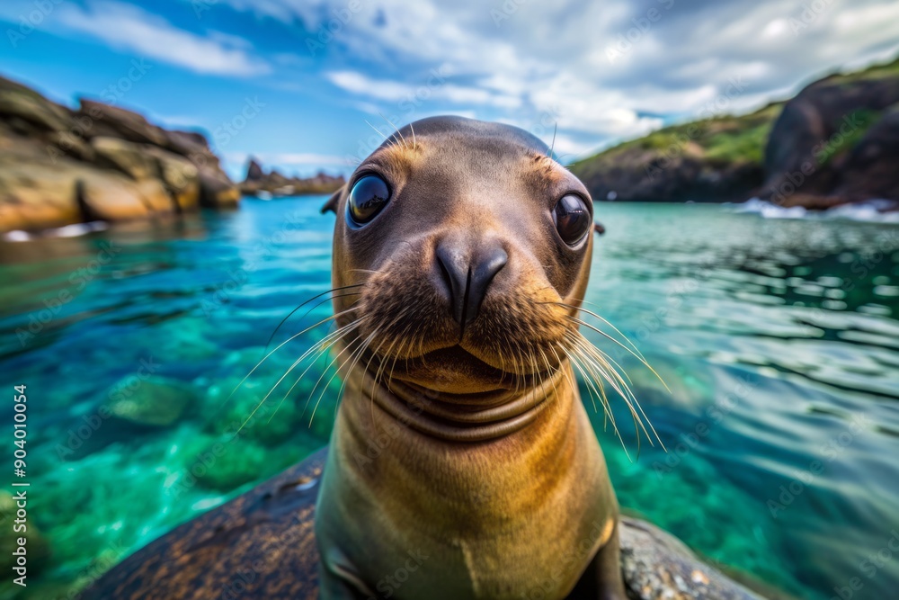 Fototapeta premium A curious sea lion peers upwards with big brown eyes, whiskers twitching, posing on a rocky outcrop in the crystal-clear waters of the Galapagos Islands.