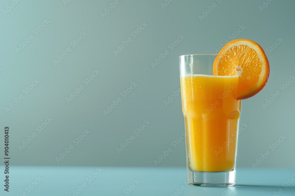 A glass of fresh orange juice with a neutral background and ample copy space A glass of fresh orange juice with a neutral background and ample copy space