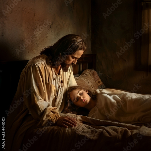 Jesus Christ at the bedside of a sick girl. The Gospel story about the resurrection of Jairus's daughter. For Christian publications photo