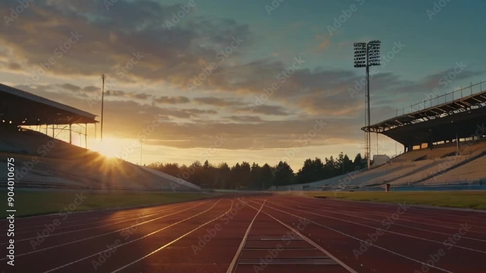 Empty Running Track at Sunset with Stadium Stands in the Background Empty Running Track at Sunset with Stadium Stands in the Background