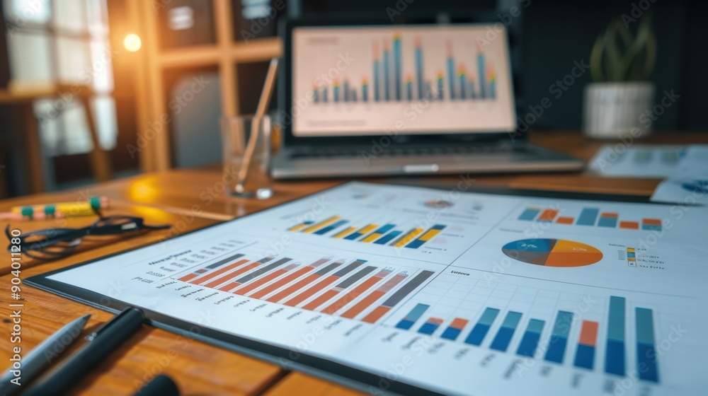 Market data analysis charts and graphs are showcased on a desk, with a laptop in the background Market data analysis charts and graphs are showcased on a desk, with a laptop in the background