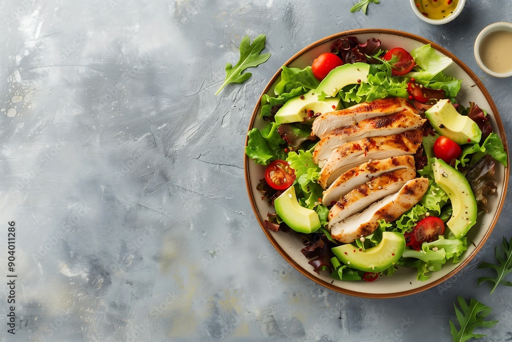 A gourmet salad with grilled chicken, avocado, and a neutral background with copy space A gourmet salad with grilled chicken, avocado, and a neutral background with copy space
