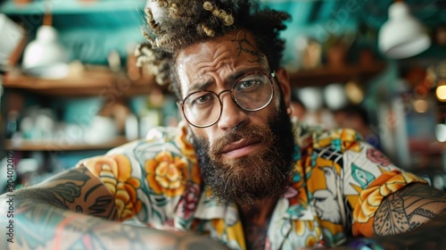 A bearded individual with tattoos and a vibrant floral shirt sits relaxed in a cozy, eclectic cafe with shelves full of various decorative items in the background.