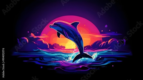Synthwave dolphin jumping out of ocean with sunset gradient motif. synthwave dolphin, T-shirt design in round shape vector style clipart dolphin jumps out of the water on a beautiful background.
