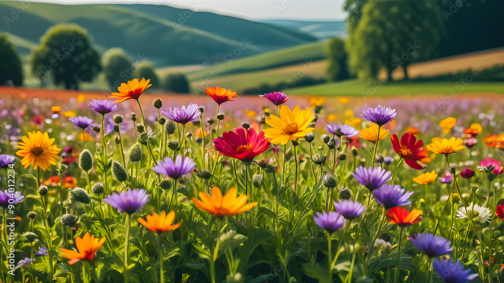 Obraz premium Fantastic meadow flowers on forest field. Dreamy sunset sunlight, rays tranquil outdoors, summer natural scene. Beautiful landscape, trees, floral closeup, enchanting view. Inspirational AI generated