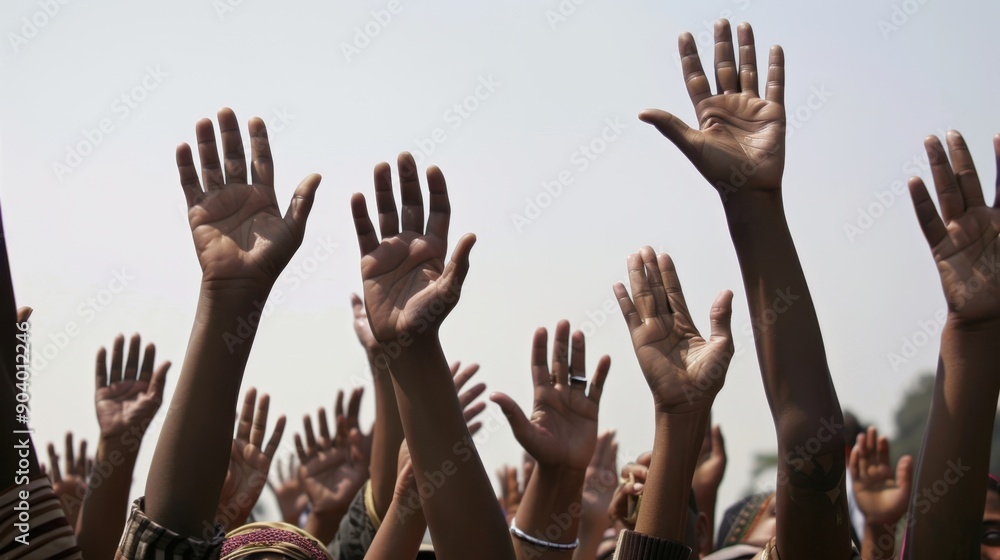 Multitude of Hands Raised Up Against Hazy Sky in Unison Multitude of Hands Raised Up Against Hazy Sky in Unison