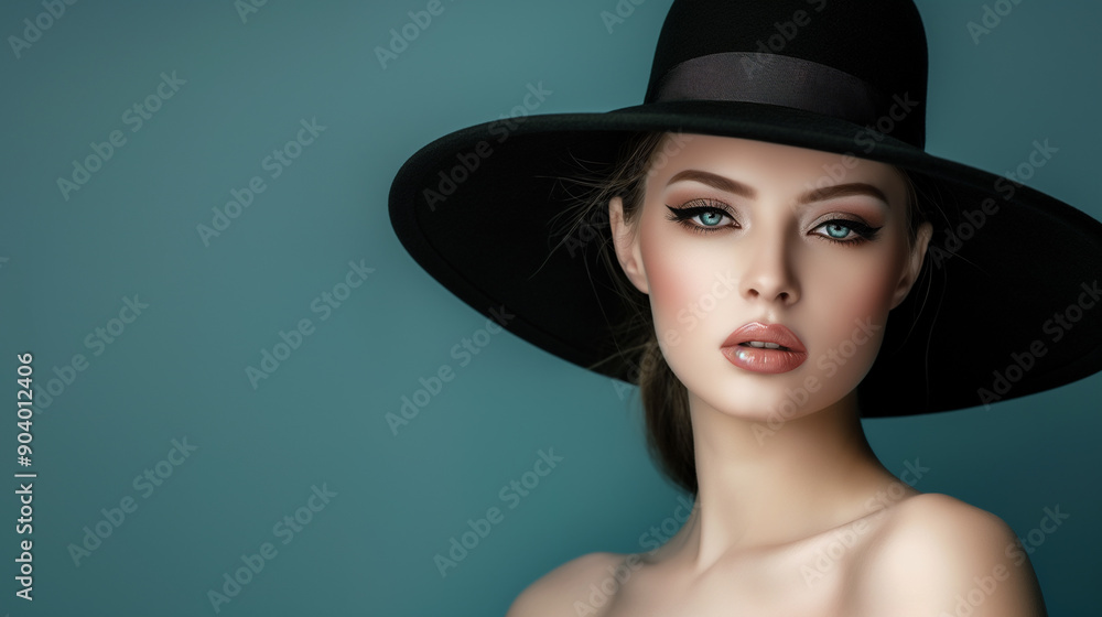 Woman with fashion black hat on dark teal background Woman with fashion black hat on dark teal background