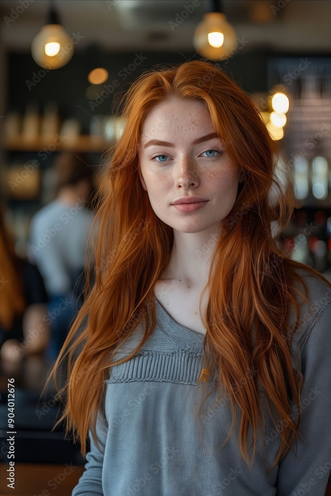 Obraz premium A woman with long red hair standing in a restaurant