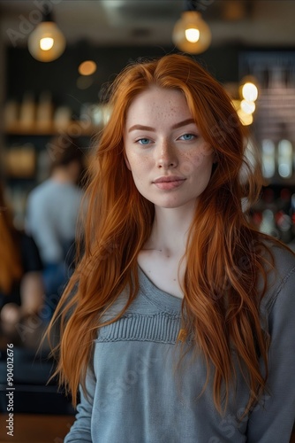 A woman with long red hair standing in a restaurant