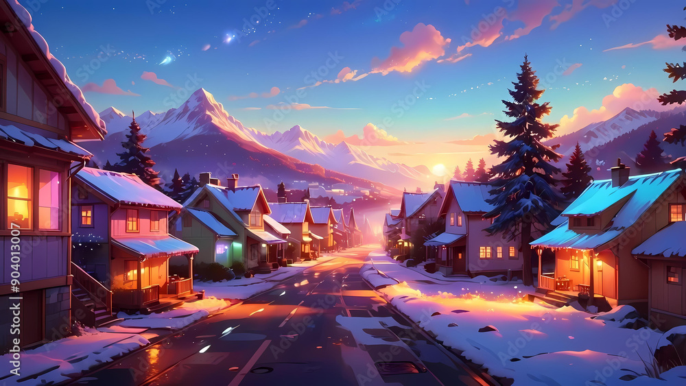 Fototapeta premium Cozy Winter Wonderland: Snowy Mountain Village at Sunset
