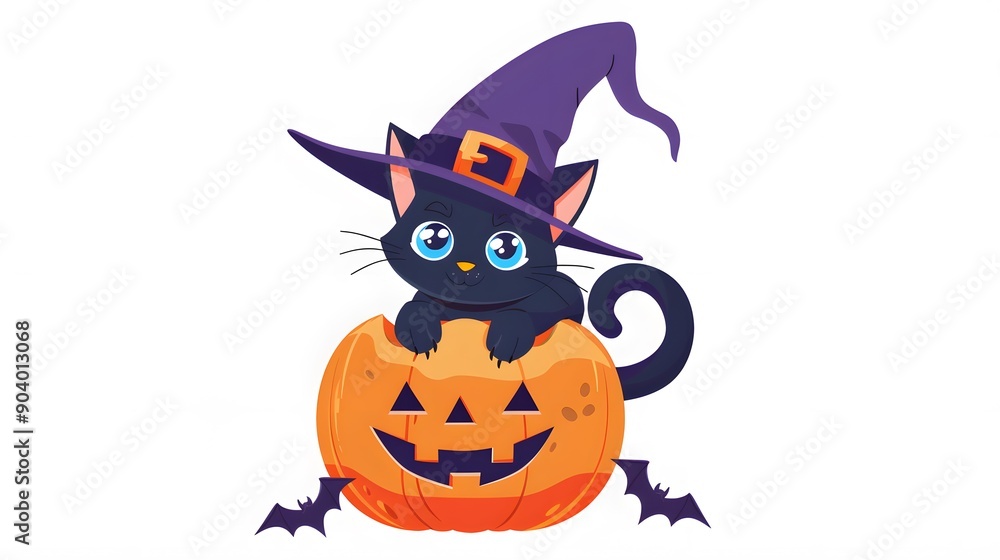 Cute black cat in witch hat and halloween pumpkin on white background in flat style Cute black cat in witch hat and halloween pumpkin on white background in flat style