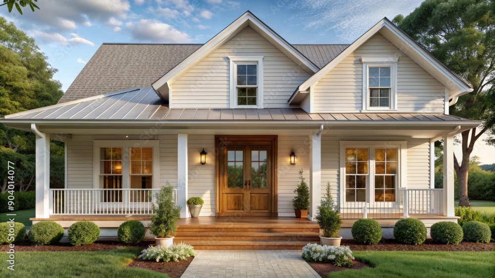 A front door detail of a white modern farmhouse with a wooden front door and a covered porch. A front door detail of a white modern farmhouse with a wooden front door and a covered porch.