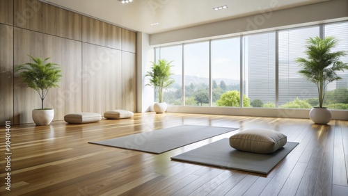 Sleek yoga studio with minimalist interior features a single meditation pillow centered on a polished wooden floor surrounded by calm-inducing neutral tones. © DigitalArt Max