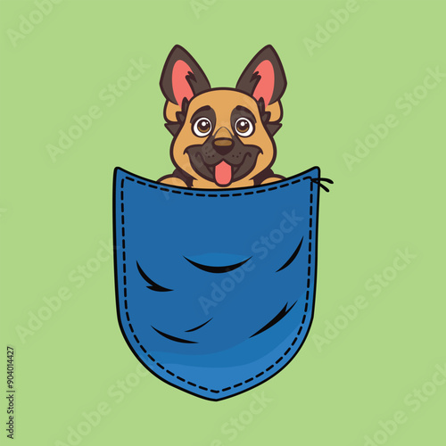 Cute German Shepherd Dog in Pocket Clipart - dog in jeans pocket - Dog peeking face isolated illustration
