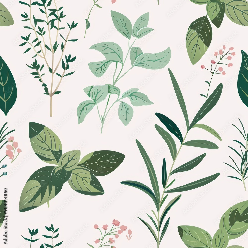 Seamless Botanical Pattern with Various Green Leaves and Flowers Seamless Botanical Pattern with Various Green Leaves and Flowers