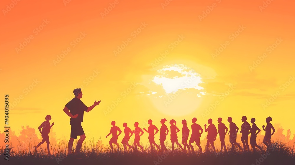 Clipart-style drawing of a coach giving a motivational talk to a young track team, soft colors, clear outlines, vector art, early morning sun, inspiring and affirming feel Clipart-style drawing of a coach giving a motivational talk to a young track team, soft colors, clear outlines, vector art, early morning sun, inspiring and affirming feel