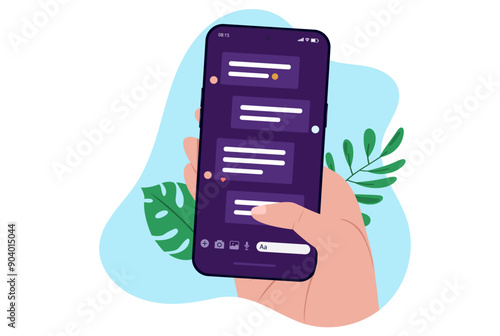 Text message on phone screen - Hand holding smartphone with texting and messaging symbols on screen having online chat conversation on smartphone. Flat design vector illustration with white background