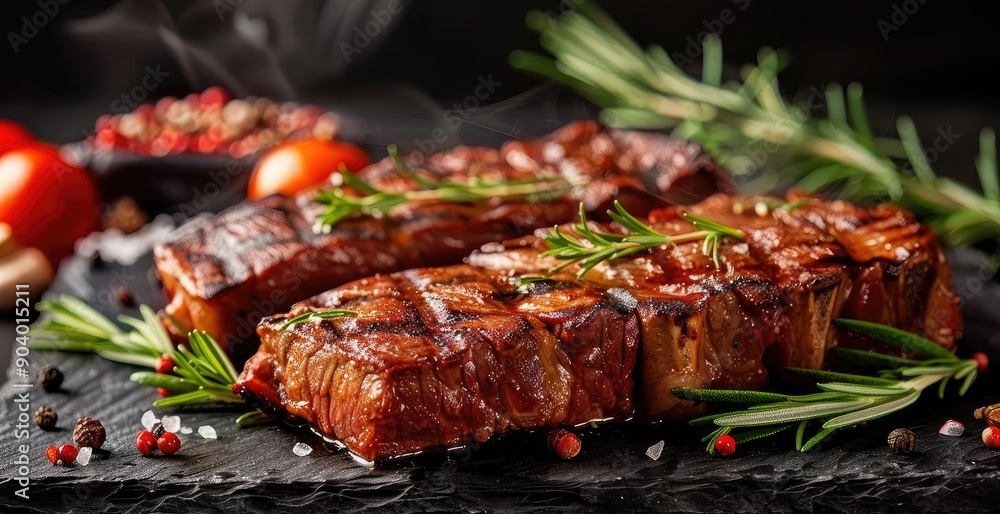 Succulent grilled steak garnished with herbs and spices, served on a slate platter. Perfect for food photography and culinary themes.