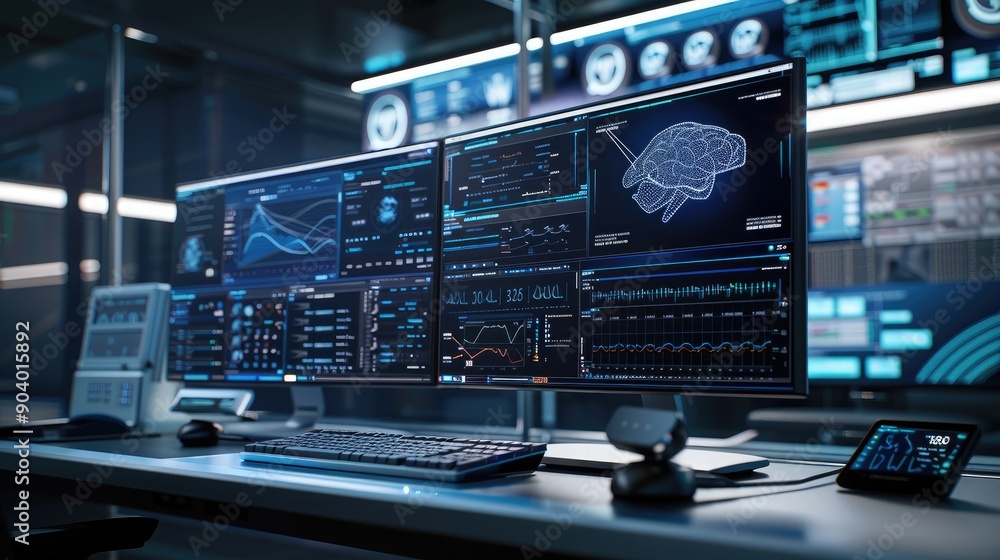 A diagnostic workstation with AI tools, showing complex algorithms ...